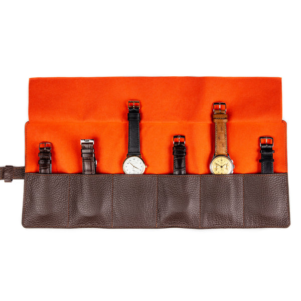 Monochrome - Rouleau de montre en cuir - Marron foncé et orange